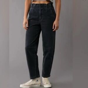 American Eagle Black Corduroy Barrel Pants Paperbag Waist Stretch Size 12 Reg